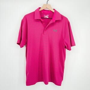 Under Armour Mens Large Golf Polo Shirt Pink Black Stripe Performance HeatGear L